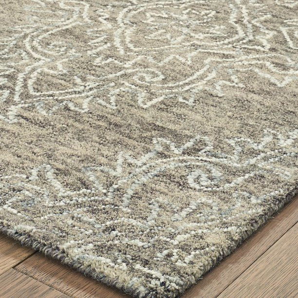 9' x 12' Damask Area Rug - Khaki And White