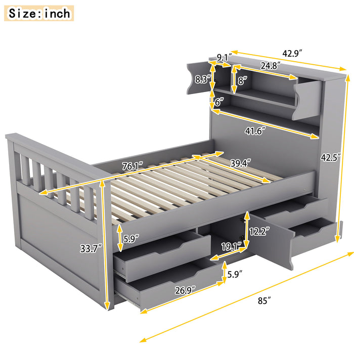 Captain Platform Bed Frame With Storage Bookcases, Shelves, And 4 Drawers