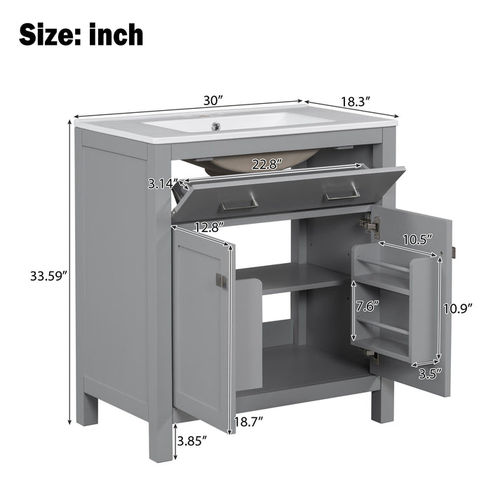 Giga modern bathroom vanity with ceramic sink, single cabinet, two doors, shelf, and soft-close doors for contemporary style.