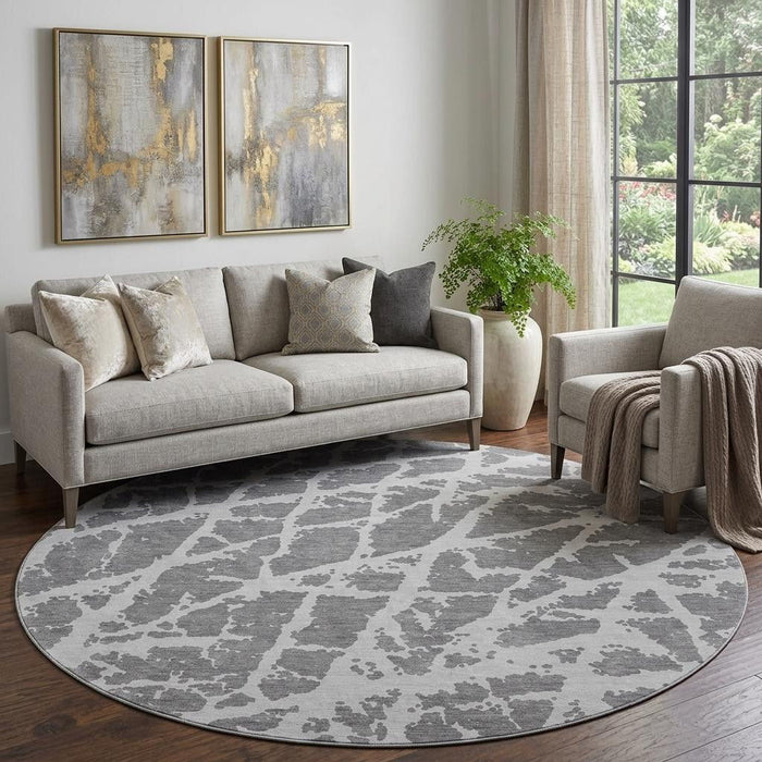 8' Abstract Washable Round Rug With UV Protection (646533) - Charcoal / Ivory