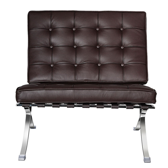 Tufted Genuine Leather Stainless Steel Folding Lounge Chair - Brown / Silver