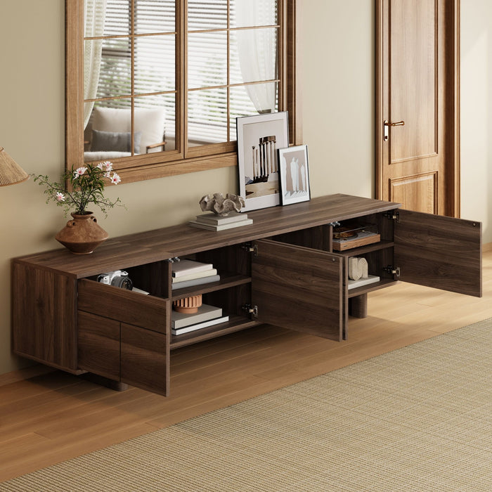 Dark brown Giga TV stand for TVs up to 85 inches with adjustable shelves, cable management, push openers, and soft closing hinges.