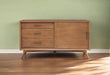HomeRoots mahogany wood TV stand with open shelves and enclosed storage in brown, made from okoume wood and veneer for modern decor.