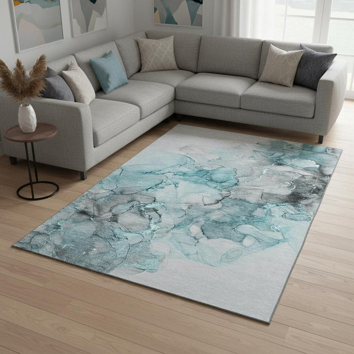 9' X 12' Abstract Washable Area Rug With UV Protection (647319) - Teal / Gray / Ivory