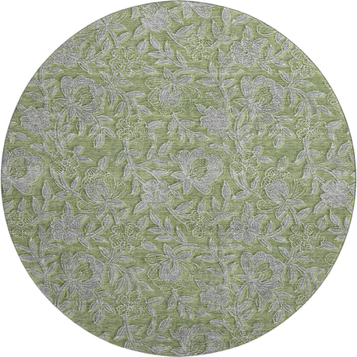 8' Floral Washable Round Rug With UV Protection - Olive Green And Gray