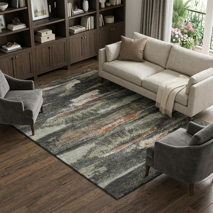10' X 14' Abstract Washable Area Rug With UV Protection (674988) - Charcoal / Ivory / Copper