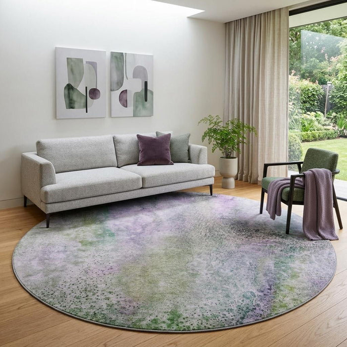 8' Abstract Washable Round Rug With UV Protection (646801) - Purple / Green