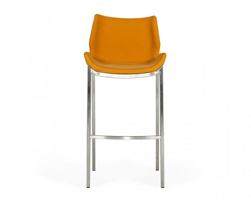 Faux Leather And Steel Low Back Bar Height Bar Chairs (Set of 2) - Orange And Silver