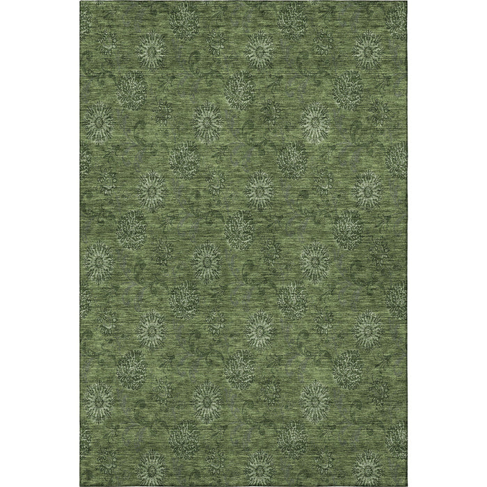 9' X 12' Floral Washable Area Rug With UV Protection - Olive Green And Ivory
