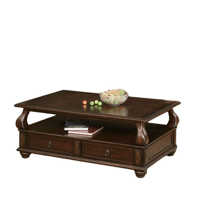 Solid Wood Coffee Table With Two Drawers And Shelf - Dark Brown
