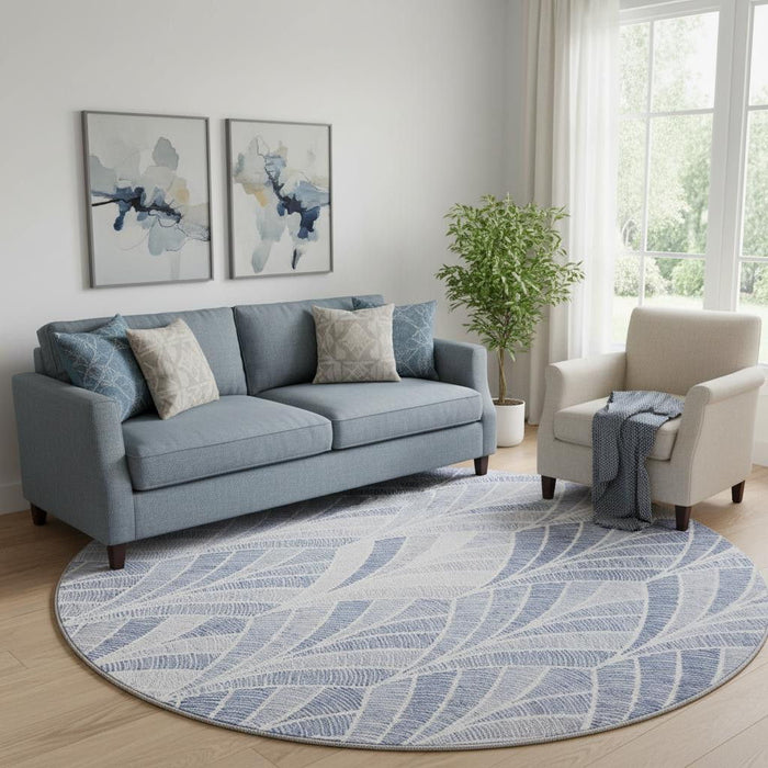 8' Geometric Washable Round Rug With UV Protection (667590) - Denim Blue / Ivory
