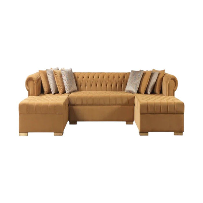 Mustard Velvet U Shaped Three Piece Sofa Chaise Sectional With Toss Pillows - Mustard