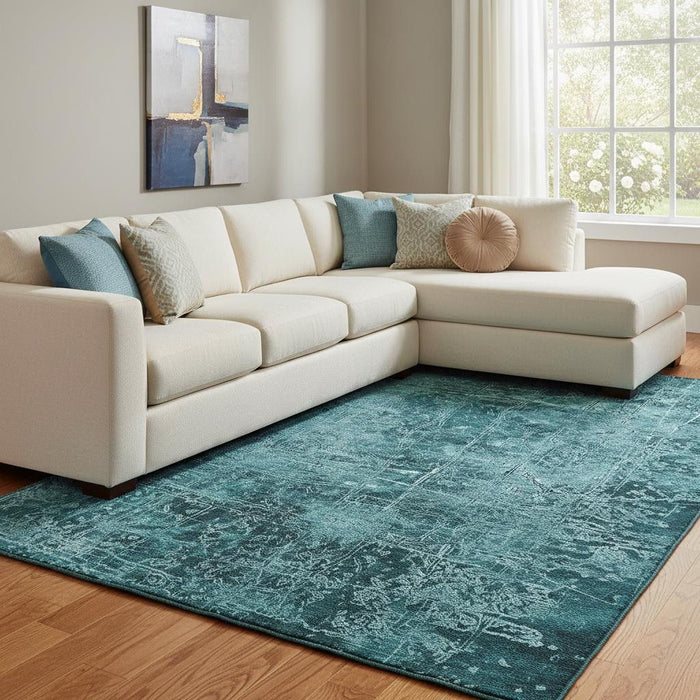 10' X 14' Abstract Washable Area Rug With UV Protection (649060) - Teal / Ivory