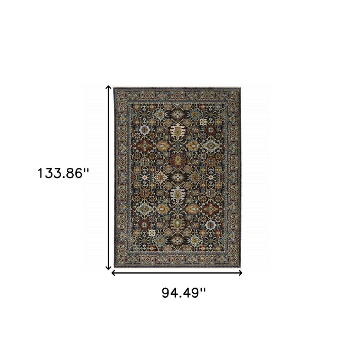 7.9' x 11.2' Oriental Power Loom Polyester Area Rug With Fringe - Blue And Beige