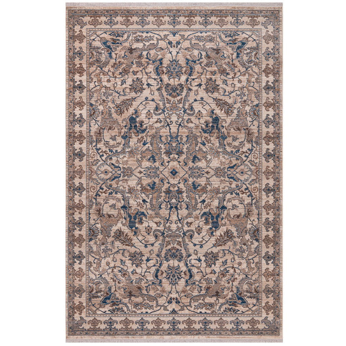 9' X 13' Oriental Area Rug With Fringe - Tan And Blue