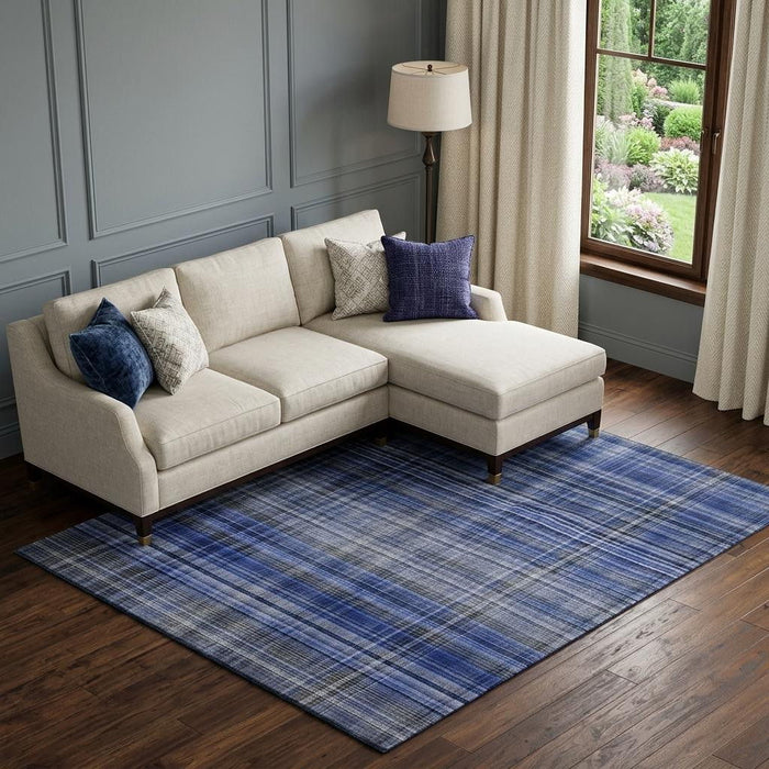 10' X 14' Plaid Washable Area Rug With UV Protection (648280) - Navy Blue / Gray