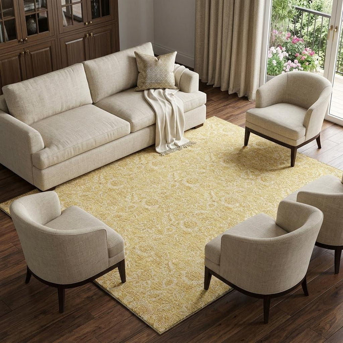 10' X 14' Floral Washable Area Rug With UV Protection (655060) - Gold / Wheat