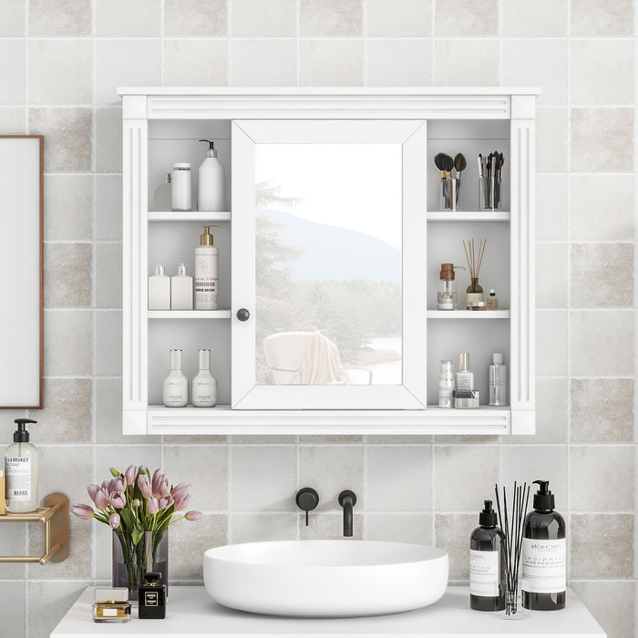 Giga wall-mounted bathroom medicine cabinet with mirror, featuring six open shelves and adjustable interior storage.