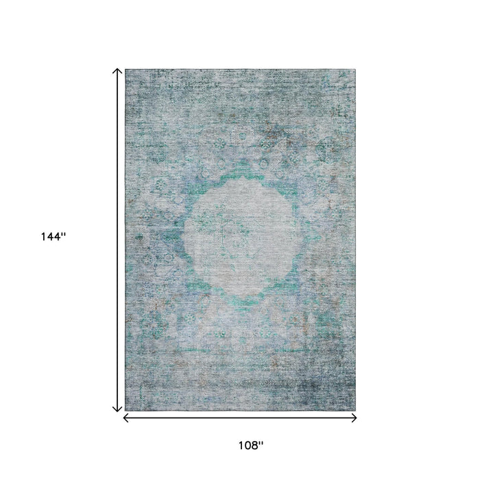 9' X 12' Oriental Washable Area Rug With UV Protection (655721) - Teal / Gray