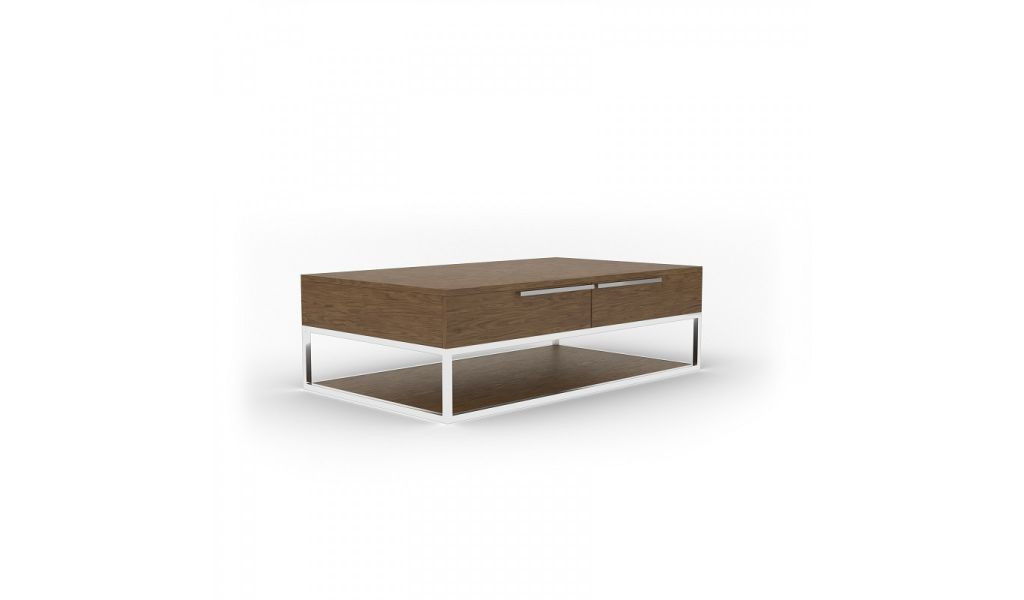Rectangular Coffee Table With Two Drawers And Shelf - Silver And Walnut
