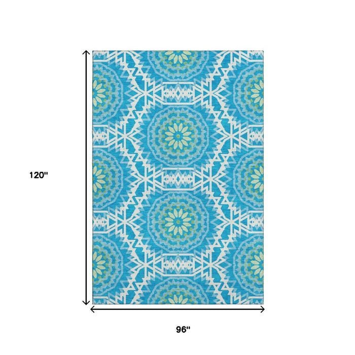 8' X 10' Geometric Washable Area Rug With UV Protection (652201) - Blue / Ivory / Olive Green