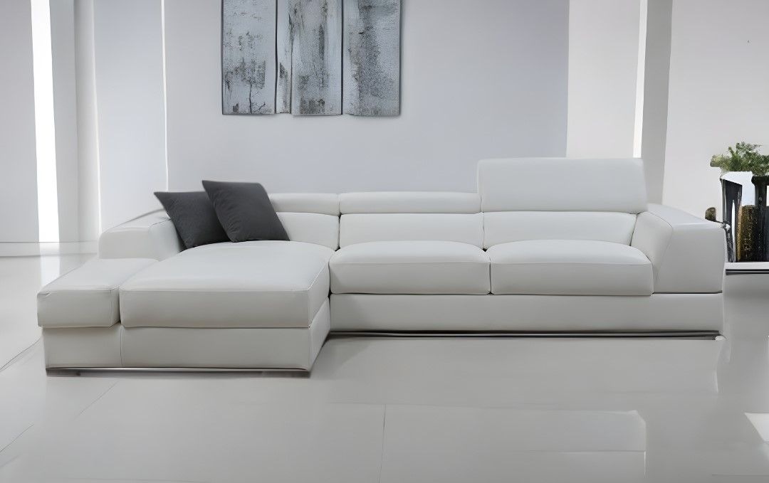 Genuine Leather L Shaped Two Piece Sofa Chaise Sectional With Console - White