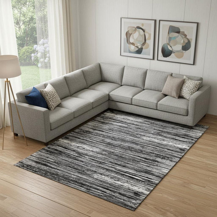 10' X 14' Striped Washable Area Rug With UV Protection (671198) - Black / Ivory