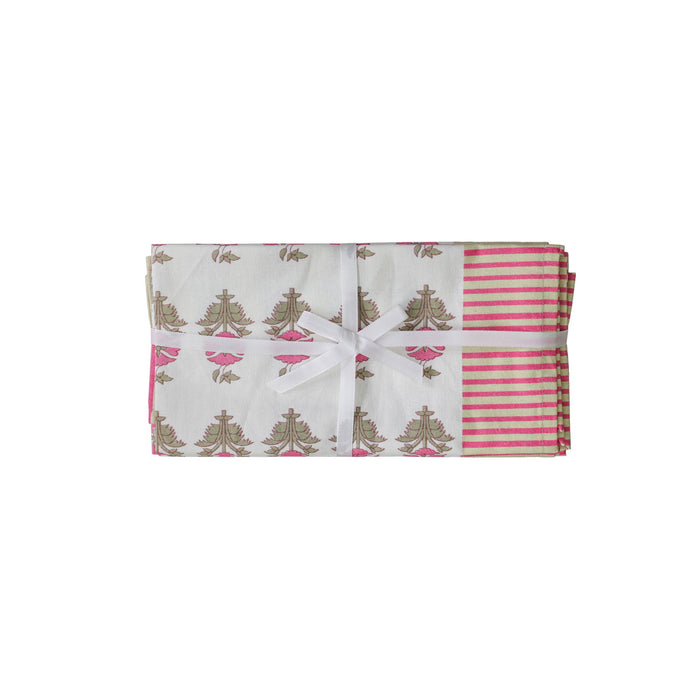 Set of four pink vintage floral cotton canvas napkins by TOV Furniture, featuring colorful printed floral design.