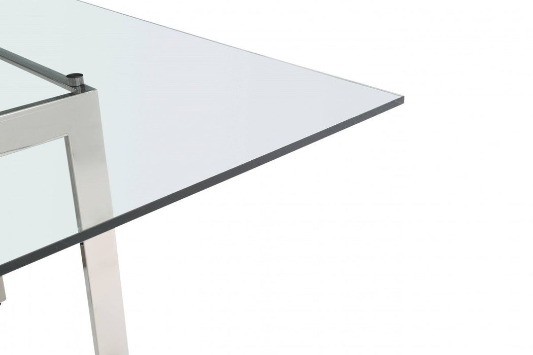 59" Square Glass And Stainless Steel Pedestal Base Dining Table - Clear