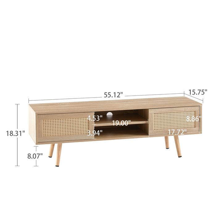 Giga 55.12" rattan TV cabinet with double sliding doors, adjustable shelf, solid wood legs, ideal for living room storage.