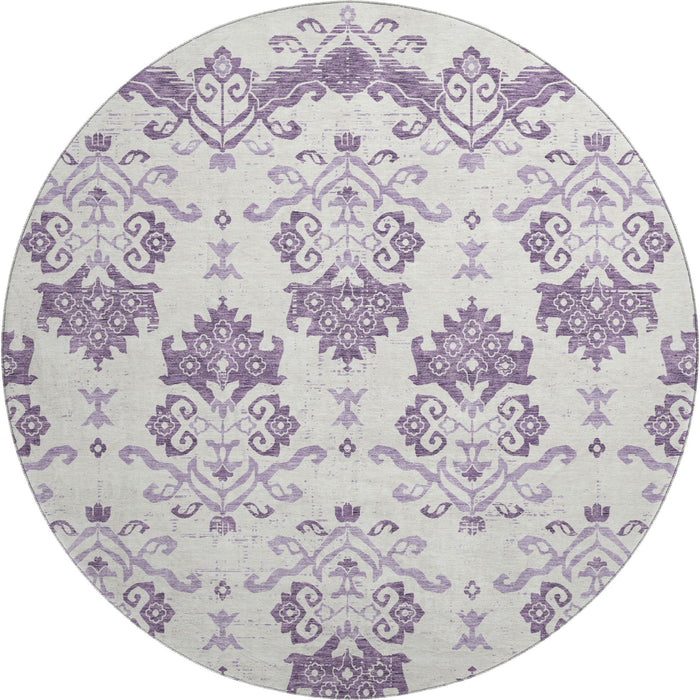 8' Medallion Washable Round Rug With UV Protection - Purple / Ivory