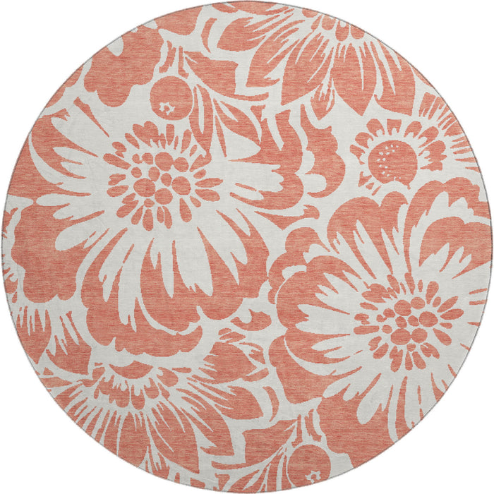 8' Floral Washable Round Rug With UV Protection (648697) - Salmon / Ivory