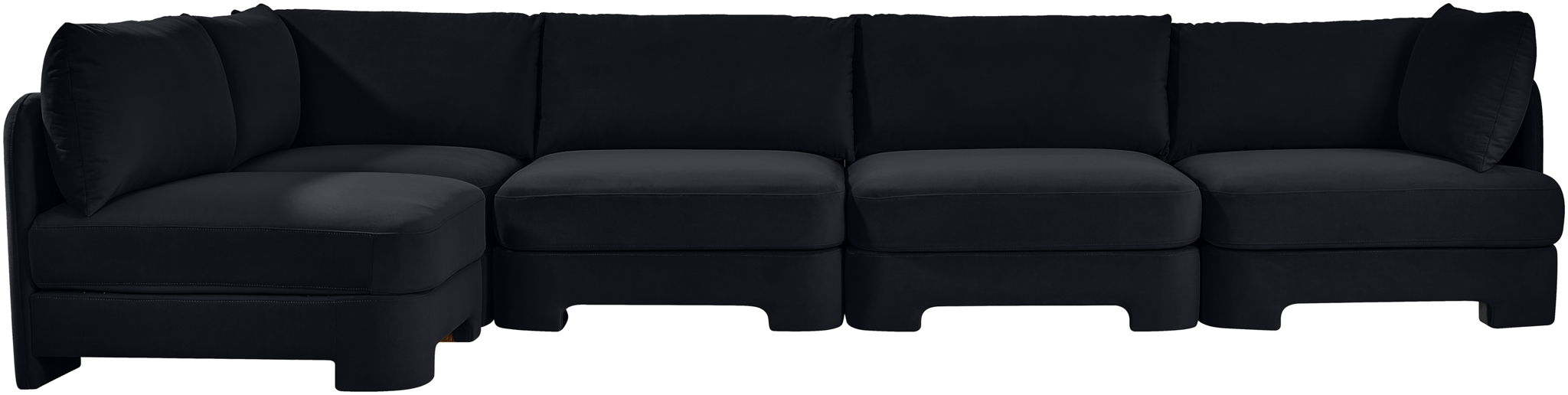 Meridian Furniture Hammond velvet performance fabric L-shaped sectional sofa with five stationary sections, plush and modern design.