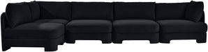 Meridian Furniture Hammond velvet performance fabric L-shaped sectional sofa with five stationary sections, plush and modern design.