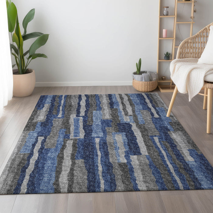 12' X 9' Abstract Washable Area Rug With UV Protection - Blue / Gray