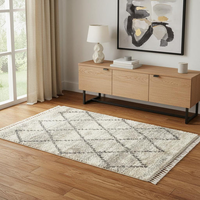 4' X 6' Geometric Shag Non Skid Area Rug With Fringe (552485) - Ivory / Gray
