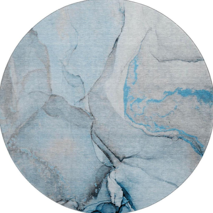 8' Abstract Washable Round Rug With UV Protection (646819) - Blue / Gray / Ivory