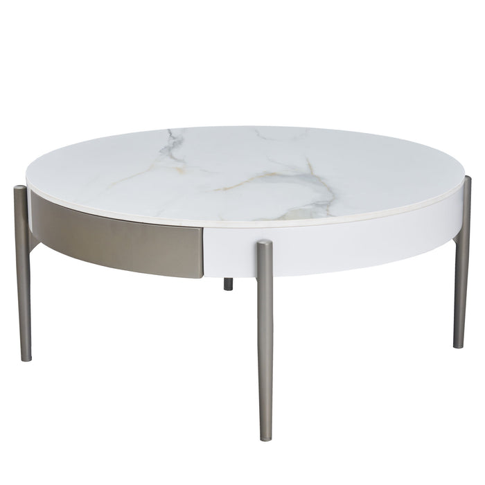 Modern Giga round coffee table with storage drawers, handcrafted ceramic inlay, 2-tone wood legs, ideal for Scandinavian living rooms.