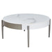 Modern Giga round coffee table with storage drawers, handcrafted ceramic inlay, 2-tone wood legs, ideal for Scandinavian living rooms.