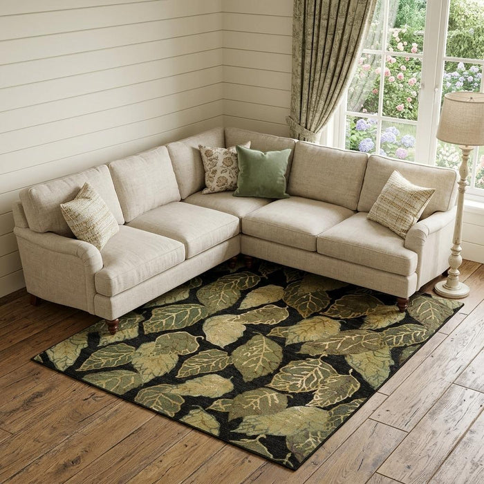 9' X 13' Floral Hand Knotted Area Rug (744391) - Black / Green / Ivory