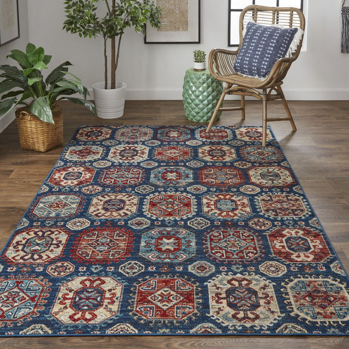 10' x 13' Abstract Power Loom Distressed Stain Resistant Area Rug - Blue Red And Tan