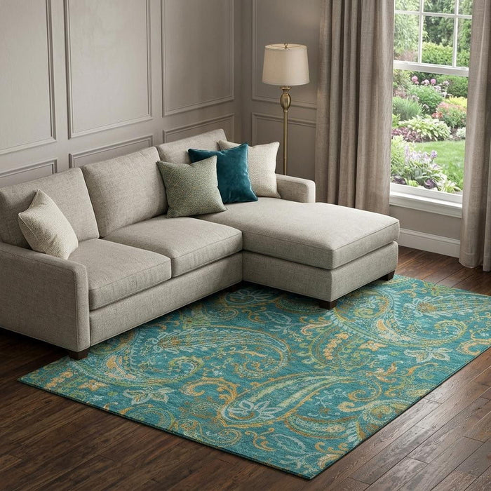 8' X 10' Paisley Washable Area Rug With UV Protection (648008) - Teal / Green / Gold