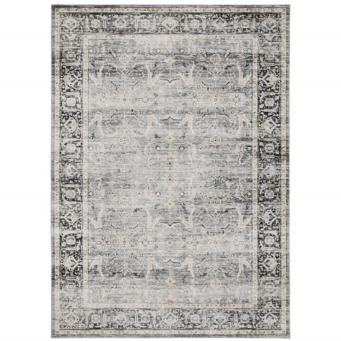 7' x 10' Oriental Printed Stain Resistant Non Skid Area Rug - Charcoal Gray Salmon And Ivory