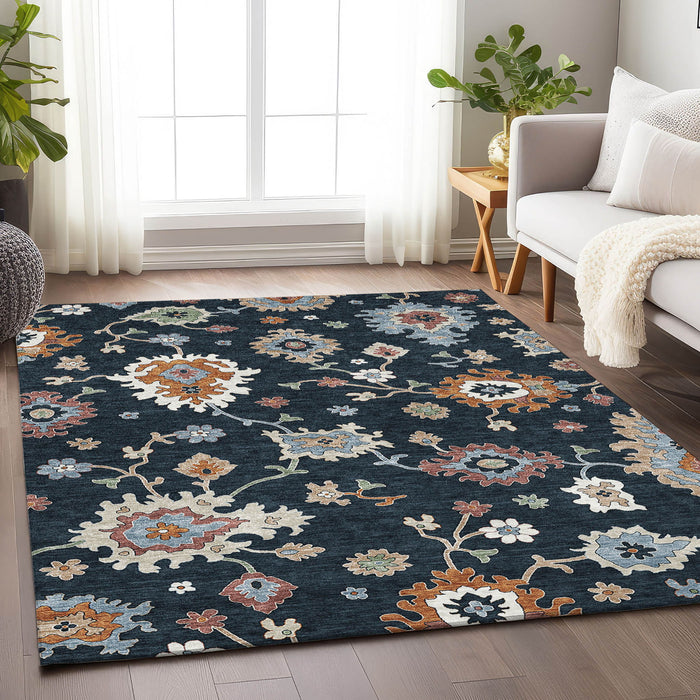 9' X 12' Floral Medallion Washable Area Rug With UV Protection - Black