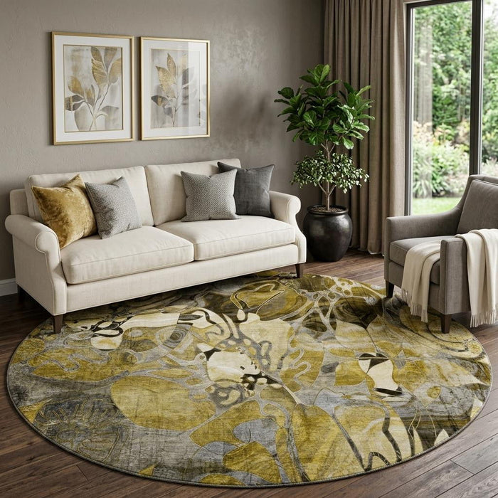 8' Abstract Distressed Washable Round Rug With UV Protection (648973) - Brown / Beige / Gold