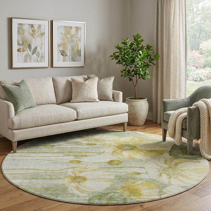 8' Floral Washable Round Rug With UV Protection (657320) - Sage / Gold / Ivory