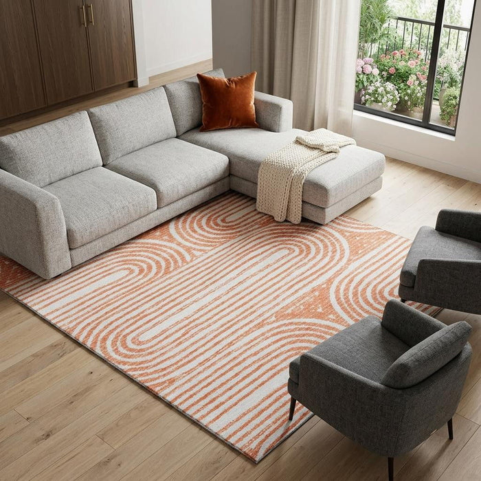 9' X 12' Geometric Washable Area Rug With UV Protection (648261) - Salmon / Ivory