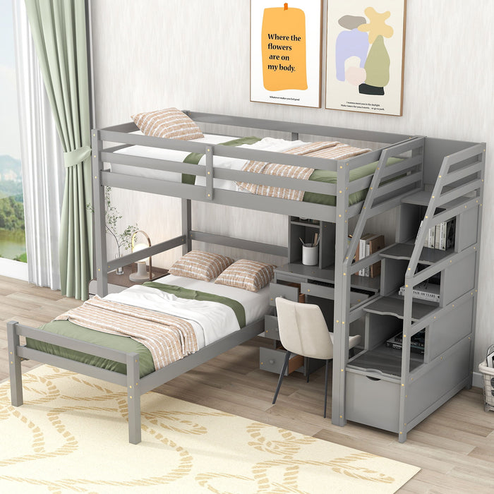 Giga loft bed with standalone bed, storage staircase, desk, shelves, and drawers in a modern bedroom setting.
