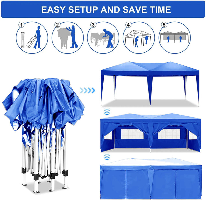 Giga 10x20 ft outdoor pop-up canopy tent with removable sidewalls, carry bag, and weight bags for portable outdoor shade.