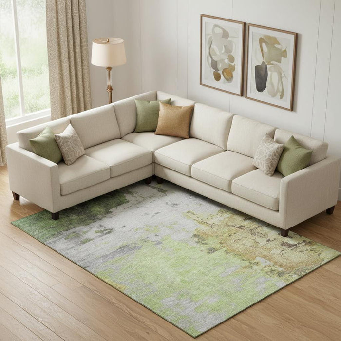 10' X 14' Abstract Washable Area Rug With UV Protection (709932) - Artichoke Green / Ivory / Gold